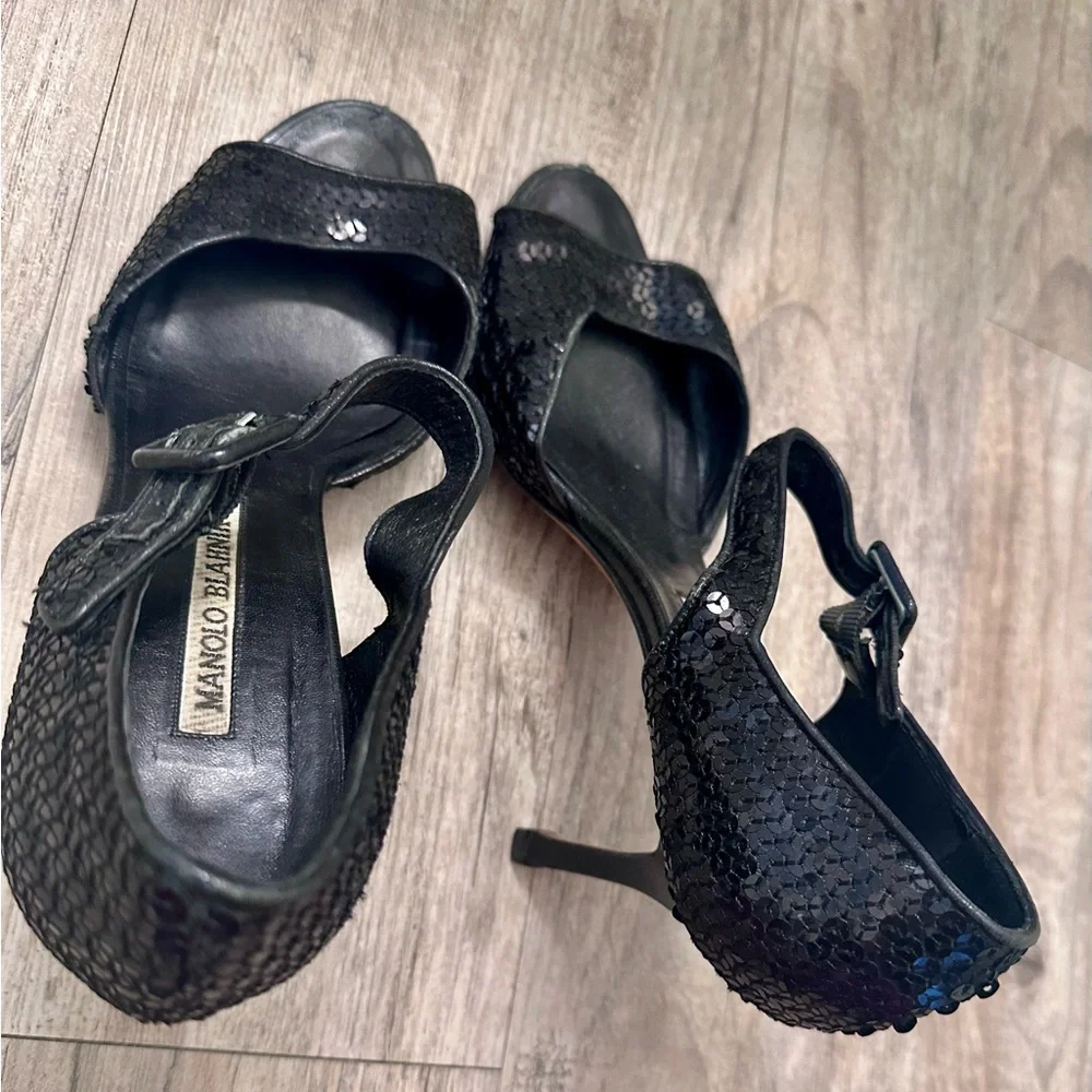 Manolo Blahnik Caldo Sequined Black Ankle Strap Peep Toe Stiletto Heels